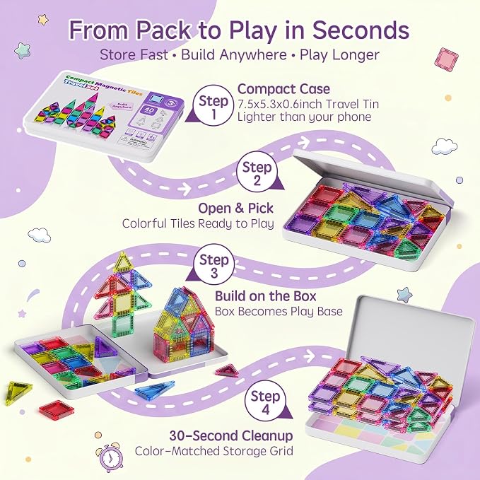 Magnetic Tiles for Kids Travel: 40pcs Portable Mini Building Toy | 30-Sec Iron Case Opens Into 10.6-Inch Play Board - STEM Gift for Toddlers Ages 3-6 - Airplane Road Trip Restaurant