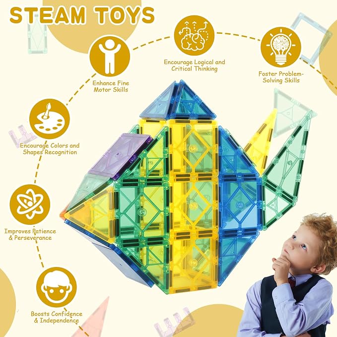 URBAN TOYS 100-Piece Magnetic Tiles for Kids Ages 3+ - STEM Building Blocks, Creative Construction Toy, Magnetic Tiles Blocks for Learning and Play Preschool Kids Games