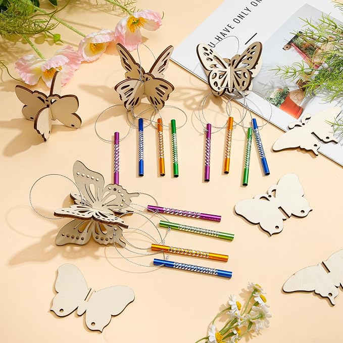 Leinuosen 30 Pcs Wind Chime Kit Make Your Own Butterfly Windchimes for Kids | Butterfly Crafts Decorative DIY Coloring Wooden Crafts for Spring Summer Party Art Activities Garden Home Patio Decorations