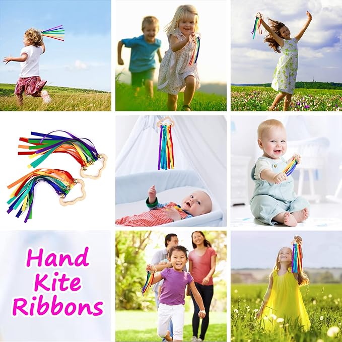 Baby Sensory Wooden Rattle Toys with Rainbow Ribbon - 2PCS | Montessori Wood Rattles Ring Bells Toy with Pull String for Baby 0-12 Months as Newborn Infant Toddler Boy Girl Shower Gifts