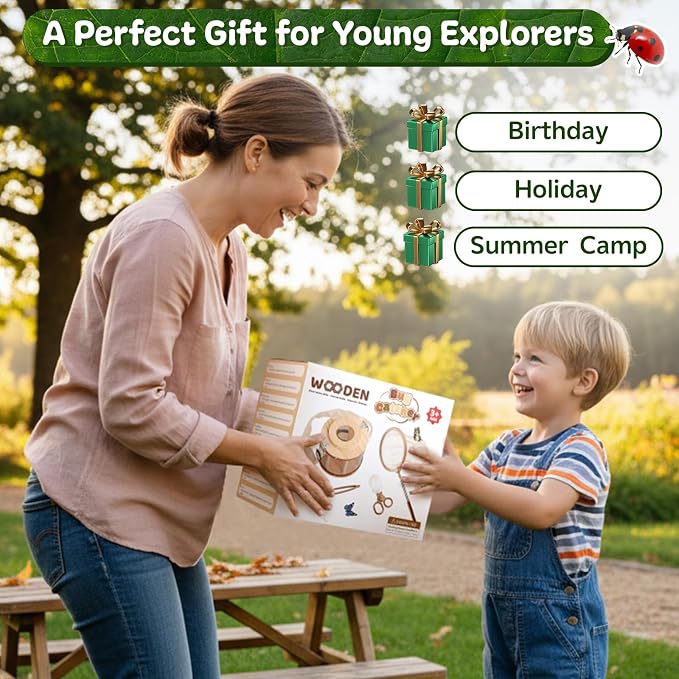 GAGAKU Wooden Bug Catcher Kit for Kids 4-8, Outdoor Explorer Set with Expandable Butterfly Net, Magnifying Glass, Tweezers, Educational Catching Toy for Backyard Camping, Gift for Boys Girls