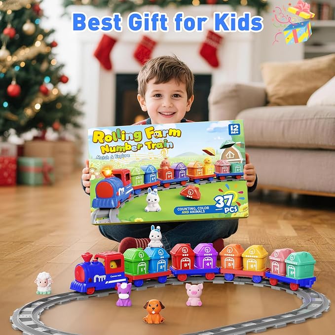 Electric Train Set for Toddlers 2-4 with Farm Animals, Music & Lights, Blue | Montessori Counting & Sorting Train Toy, 37 Pieces with 8 Farm Animal Finger Puppets and Numbered Barns for Toddlers