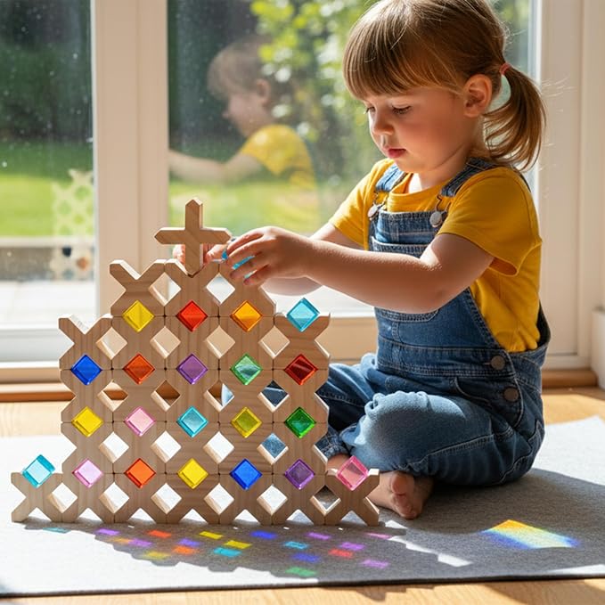 Woodtoe 80 PCS Rainbow Building Blocks Set, Wooden Blocks for Kids Ages 3-6 | Montessori Stacking Toy, 48 PCS Acrylic Blocks, 32 Wooden Blocks, Educational STEM Learning Sensory Toy Gifts for Boy Girl
