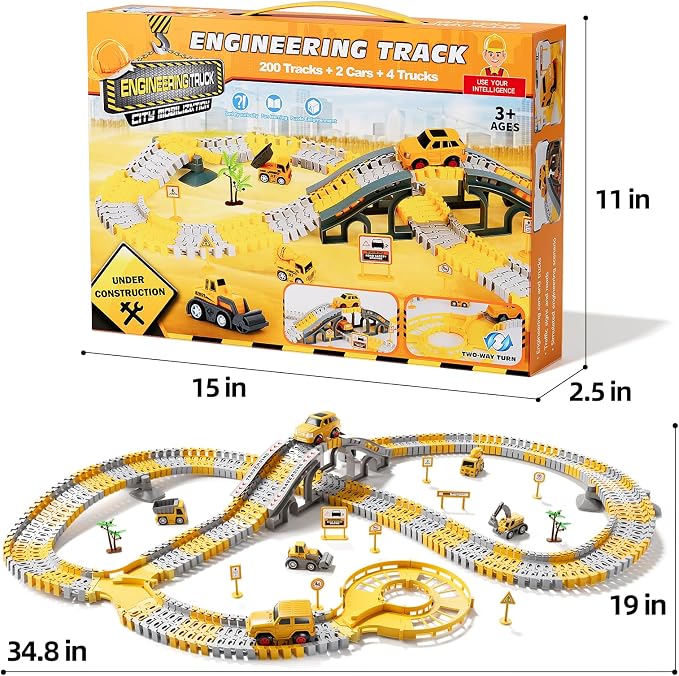 iHaHa Toddlers Construction Race Tracks Toys Gifts for 3 4 5 6 Years Old Boys Kids, 2PCS Electric Race Cars & 4 PCS Construction Trucks, Birthday Gift Toys for Boys 2 3 4 5 6+