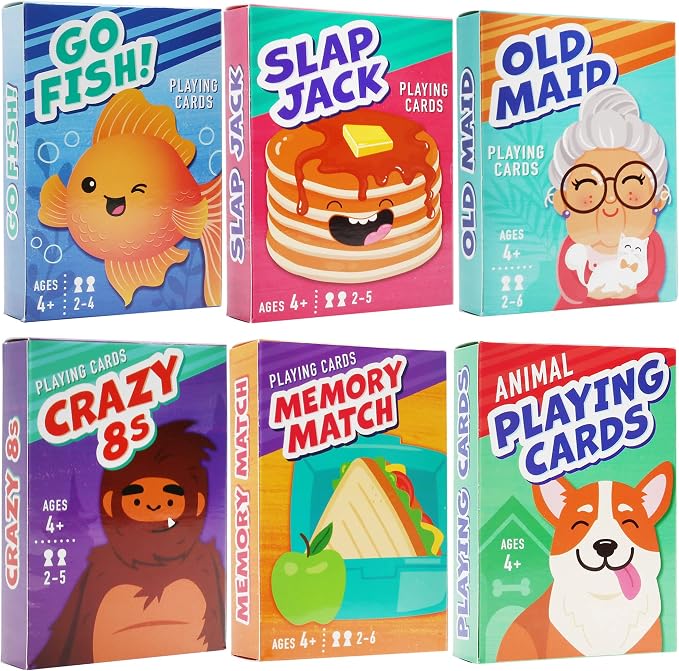 LotFancy Card Games for Kids, 6 Decks, Go Fish, Old Maid, Crazy Eights, Memory Match, Slap Jack, Animal Playing Cards, Easter Basket Stuffers, Stocking Stuffers, Birthday Gifts (Pack of 2)
