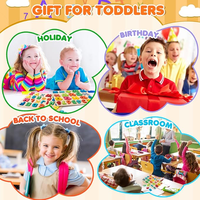 Attmu Alphabet Wooden Puzzles for Toddlers 3 Pcs ABC Shape Number Puzzle | Learning Toys for Kids, Preschool Educational Activities Toddler Gift Toys for Girls Boys Christmas Valentines Easter