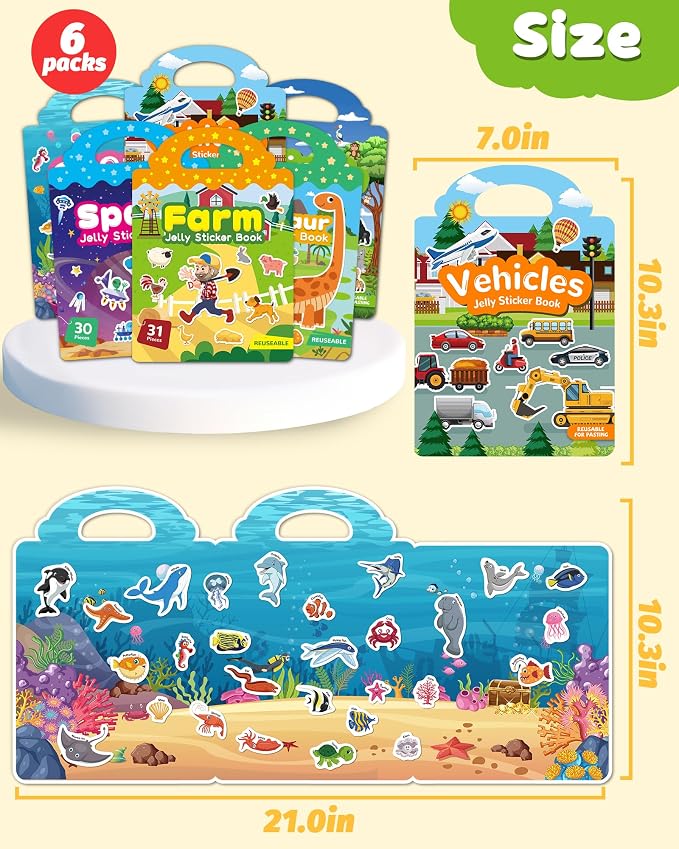 Zartores 6 Pack Jelly Reusable Sticker Book for Toddlers, Stickers for Kids | Screen-Free Travel Toys, Mess-Free Toddler Activities Toys, Airplane Car Road Trip Essentials Kids, Boys Girls Birthday Gift