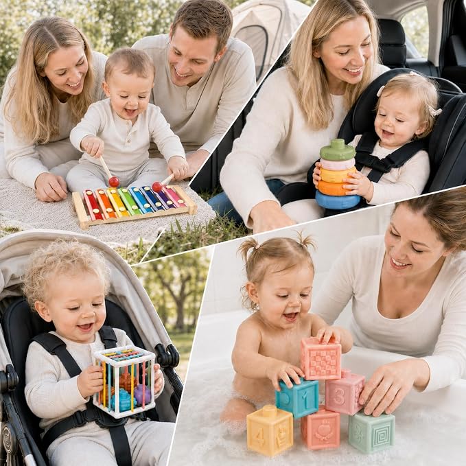 6-in-1 Montessori Baby Toy Set with Wooden Shape Sorter Xylophone Teether | 5 Stacking Rings, 6 Building Blocks, 20 Shape Blocks, Sensory Cube, Stacking, Sorting, Matching, Fine Motor Play, Baby Gift