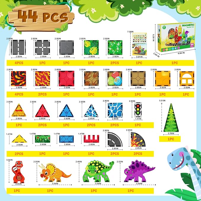 Magnetic Tiles with 4 Dinosaur Toys - Dino Magnet Tiles for Kids, Magnetic Building Blocks for Boys Girls Ages 3+, Sensory Toddler Creative Games Birthdays Gifts