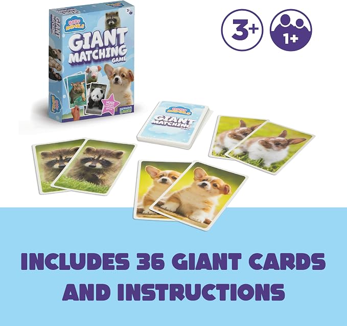 Giant Matching Game Baby Animals - Summer Toys - Game Night - Travel Games - Memory, Learning Game - Jumbo Playing Cards - Card Game for Kids and Adults -Ages 3+