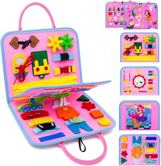 Montessori Busy Board for Toddlers 1-3, 4 Pages 15+ Activities Sensory Toy, ABC Numbers Colors Learning, Toddler Quiet Book Travel Toy, Preschool Educational Gift for Boys Girls, Pink Mermaid