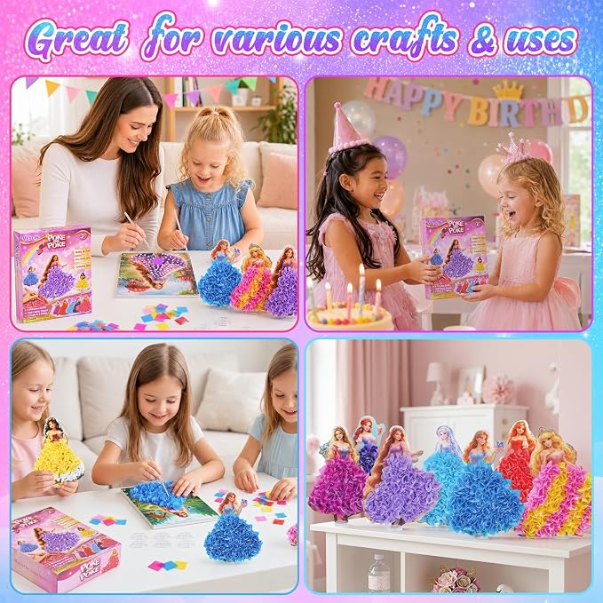 VEYLIN Screen-Free Poke and Poke Art Kit for Girls Ages 4-8, 8 Princess Designs with 1100 Fabric Squares, Mess-Free DIY Arts and Crafts, Travel Activity Birthday Gifts for Kids