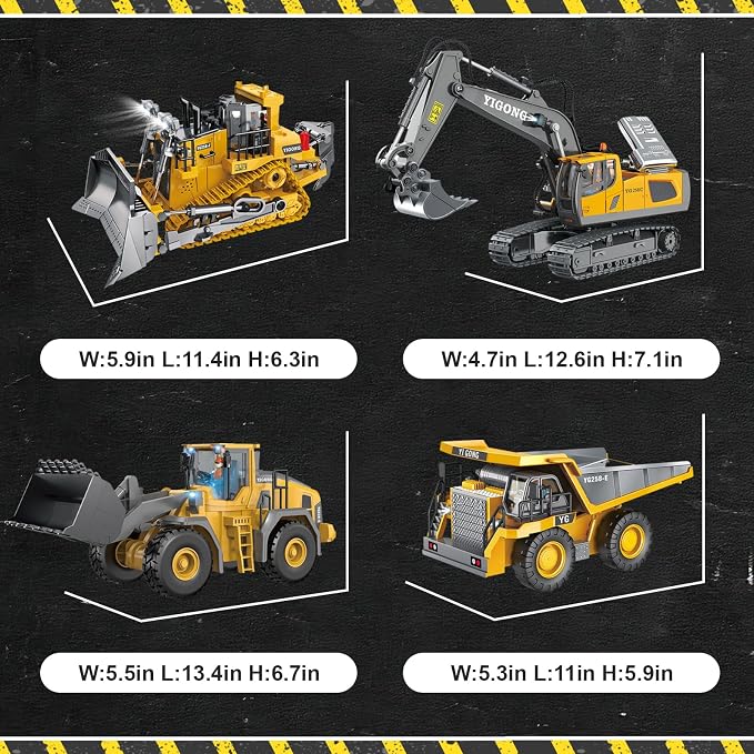 Remote Control Excavator (11-Channel), Dump Truck, Bulldozer, Loader (9-Channel), 2.4GHz Remote Control Construction Vehicles, Metal Construction, with Cool Lights and Sound Effects, 4-Pcs