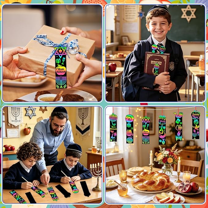 JUNEBRUSHS Rosh Hashanah Scratch Art Bookmarks 30 Pack Jewish New Year Scratch Cards Rosh Hashanah Crafts for Jewish Activities Rainbow DIY Gifts Party Supplies