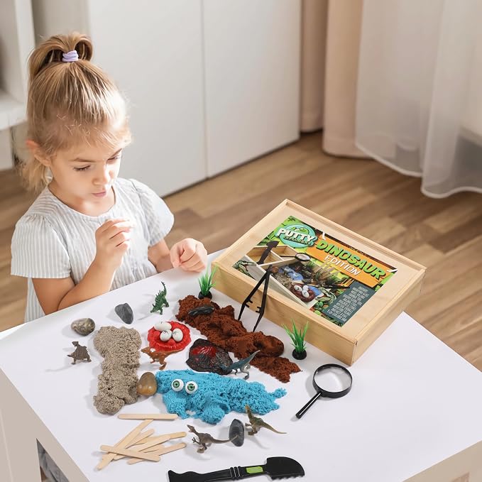 Dinosaur Sensory Bin Kit for Kids - Wooden Sensory Box with Putty, Dino Figures, Volcano & Tools | Montessori STEM Learning Toy | Dinosaur Excavation & Imaginative Play Set for Boys & Girls Ages 4-8