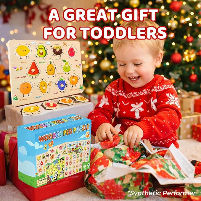 Wooden Peg Puzzles for Toddlers 1-3 – 6 Pack Toddler Puzzles, Preschool Educational Learning Puzzle Toys for Kids, Alphabet, Number, Shapes, Christmas Birthday Gifts for Boys, Girls