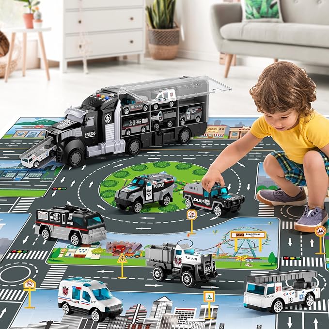 NIPLOOOW Police Trucks Toy Set with Play Mat, Carrier Truck Play Vehicles Set for 3 4 5 6 Years Old Boys Kids, Die-Cast Car Toy for Toddlers 3-4 Years, Birthday Gifts Toys for 3-9 Year Old Boys