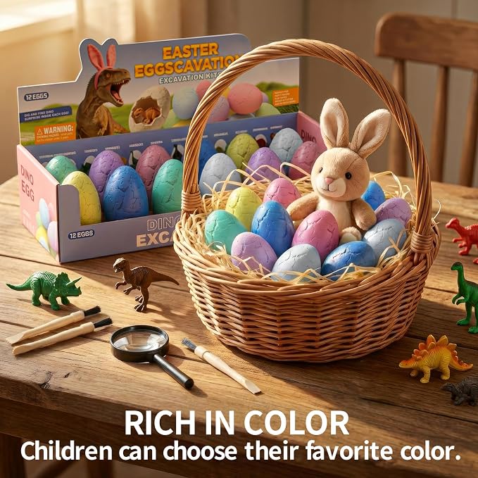 12 Pack Colorful Dinosaur Eggs, Excavation Kit with Learning Cards | STEM Science Toy for Kids, Easter Basket Stuffers, Party Favors, Birthday Gifts Classroom Activities for Boys Girls Age 3+