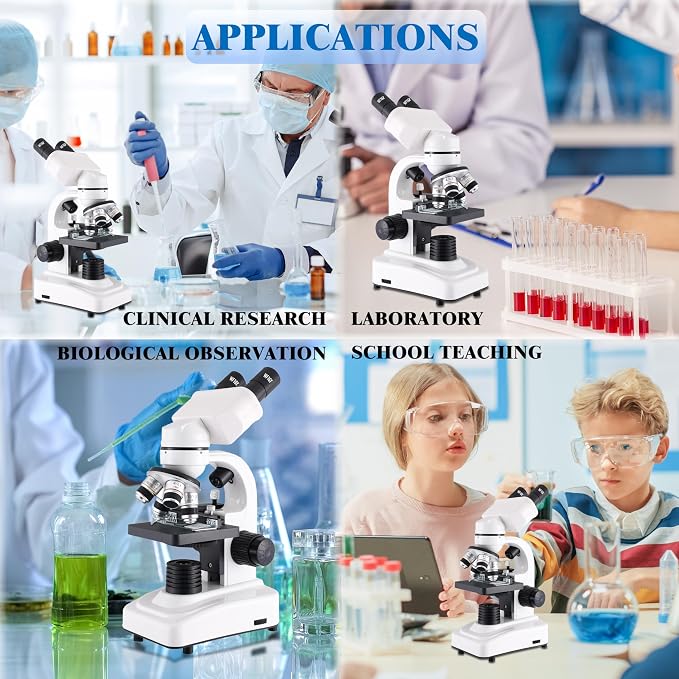 Compound Binocular Microscopes 64X-6000X with Electric Len, Microscope for Adults Kids Students, 4 Objective Lens, Biological Microscope Kit for School, Lab