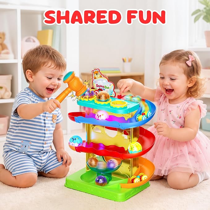 2-in-1 Ball Drop & Car Ramp Race Track Montessori Toy for Toddlers Ages 1-5 | Hammer Rolling Ball, Launch and Race Car-Cause and Effect Sensory STEM Learning Toys for 1-5 Year Old Boys & Girls