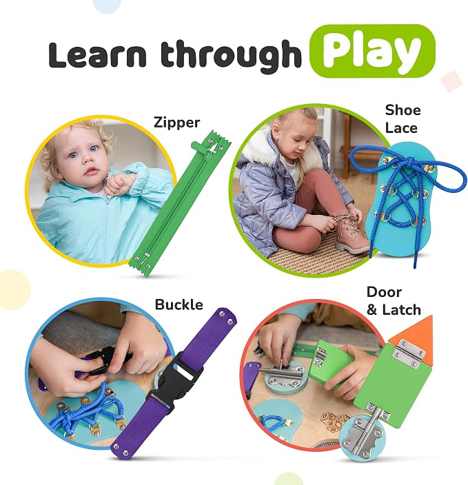 Montessori Busy Board, Premium Wooden Sensory Toy | Busy Board for 3 Year Old with 10 Educational Activities for Fine Motor Skills, Travel Toy