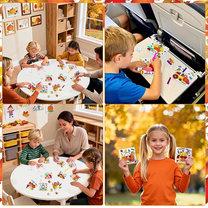 Thanksgiving Fall Arts & Crafts for Kids Autumn DIY Party Favors Puzzle Kit | 24Pcs Fall Craft Jigsaw Pumpkin Turkey, Thanksgiving Harvest Activities Classroom Gift School Coloring Game Toy Supplies Bulk
