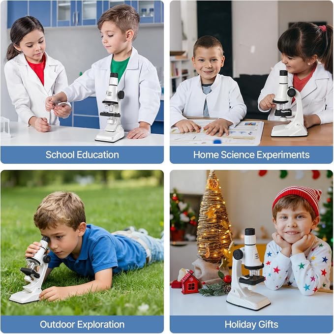 Kids Microscope Kit with Blank and Prepared Slides | 61 PCS Science Kit 100X-1200X with LED Light,Phone Holder, Carrying Box, STEM Project Toy, Educational Gift for Ages 6-12