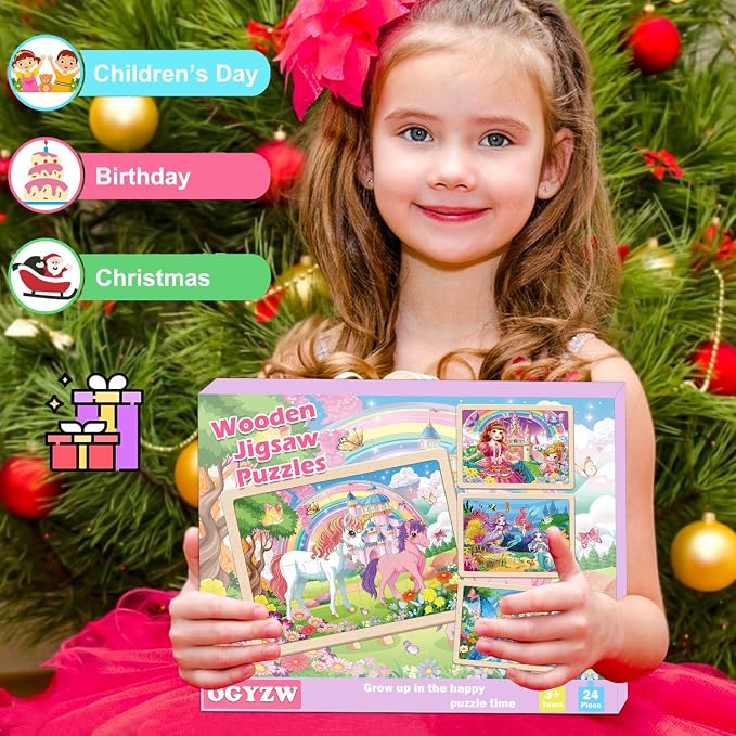 Puzzles for Kids Ages 4-6, 4x24 PCs Unicorn Princess Mermaid Wooden Puzzles | Unicorn Puzzles for Toddlers & Kids Ages 3-5, Preschool Educational Puzzles Toys, Birthday Gifts Set for Girls
