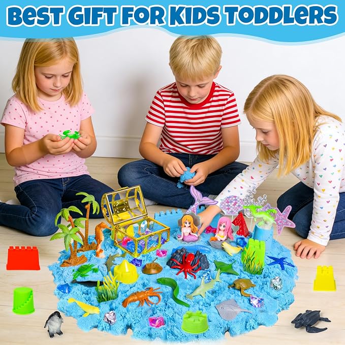 Sensory Bins, Ocean Sensory Bin Mermaid Sandbox for Kids 3 4 5 6-8 | with 2.2lbs Magic Sand, 2 Mermaid Toys, Sea Animals, Cleaning Tools, Birthday Gift for Toddlers Play Sand Art Kit