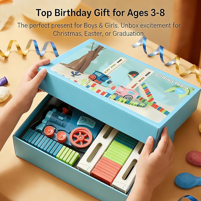 PREPHY Domino Train Toys Kids Games - Automatic Stacking Creative Game 3+ Year Old - Stem Montessori Toy for Boys 4-6 - Summer Autistic Christmas Birthday Gifts 5 6 Kids Ages 4-8