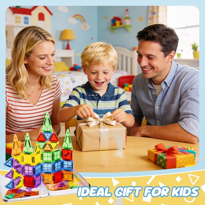 cossy Mini Magnetic Tiles, 46 PCS Magnet Tiles Travel Toys with Iron Box, Travel Magnetic Tiles for Restaurant, Car & Plane Play, Toys for 3 4 5 6 7 8 Year Old Boy and Girl