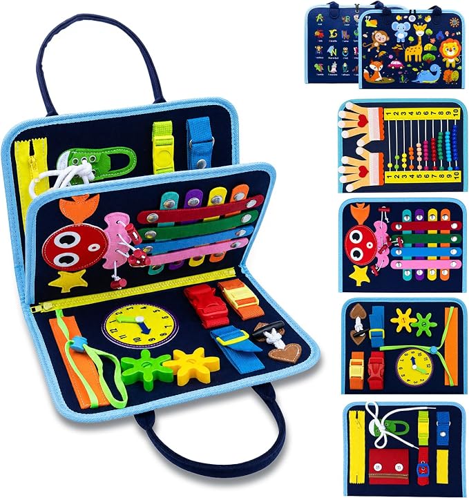 Montessori Busy Board for Toddlers 1-3, 4 Pages 15+ Activities Sensory Toy, ABC Numbers Colors Motor Skills Toy, Toddler Quiet Book Travel Toy, Preschool Educational for Boys Girls, Blue Zoo