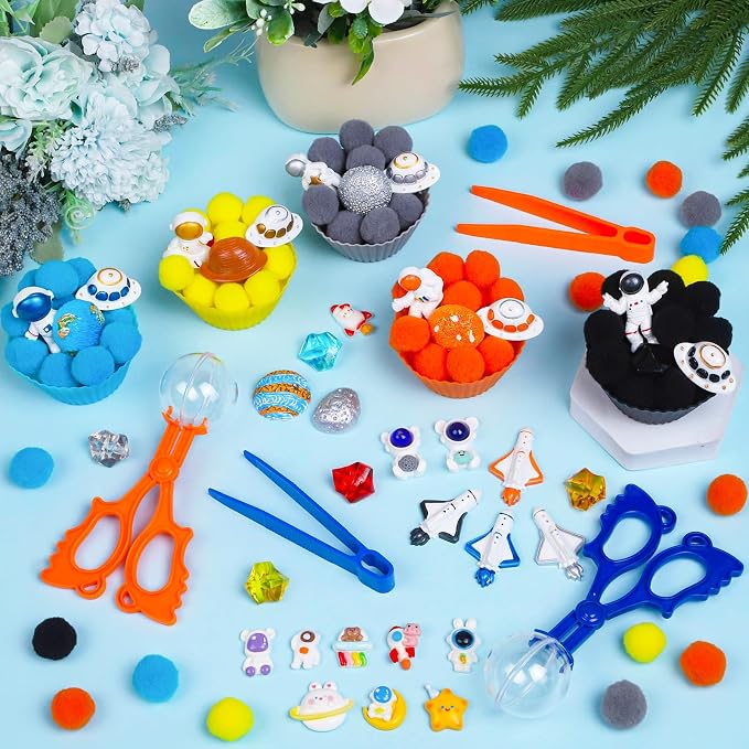 252PCS Space Sensory Bin Fillers Outer Space Fine Motor Sensory Bin Items Includes Pom Poms Tweezers Planet Astronauts Resin for Counting Sorting Training