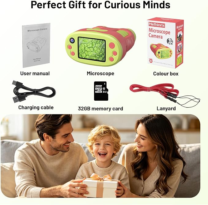 1000X Handheld Microscope for Kids 2.0" Screen 32GB Card Included | Rechargeable 3 in 1 Pocket Digital Kids Microscopes with Camera & Selfie Lens, Edu Science Kits for Kids 4-6 8-12 Red