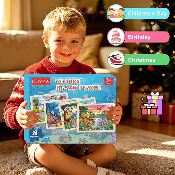 Puzzles for Kids Ages 4-6, 4 x 24 PCs Animals Wooden Puzzles | Animals Puzzles for Toddlers & Kids Ages 3-5, Preschool Educational Puzzles Toys, Birthday Gifts Set for Boys & Girls