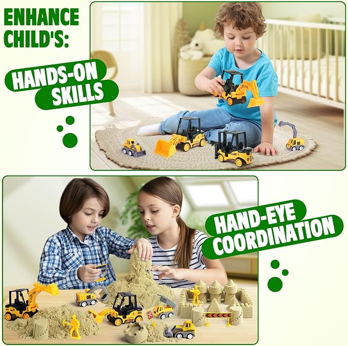 Billeeit Sand Construction Kit w/Sand Box and 2.2lbs Sensory Bin Play Sand | Including 15 In Foldable Sand Box, 8 Truck Toys, Castle Molds and Other Accessories 36Pcs Set, Gifts for Kids 3+