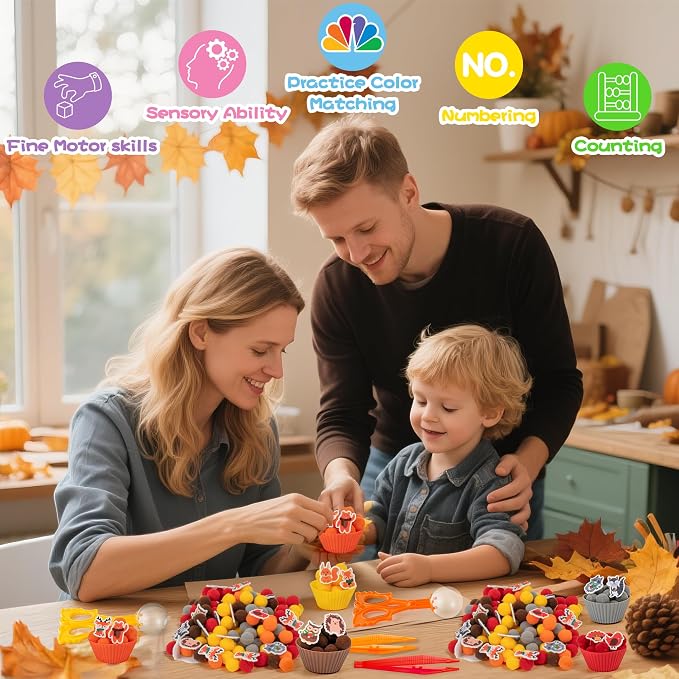 EZdhuawuse Fall Sensory Bin Fillers - 267 Autumn Animals Thanksgiving Fine Motor Toys Sorting Stacking Toys for Kids, Felt Hedgehog Squirrel Turkey for Preschool Education Early Development Activity