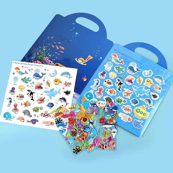 ASTARON Reusable Puffy Sticker Book,88 pcs Ocean Stickers Educational Toy | 88 pcs Reusable Sticker,Waterproof Jelly Stickers, Portable Travel Toys,Educational Sensory Learning Toy,Gift for Boy Girl
