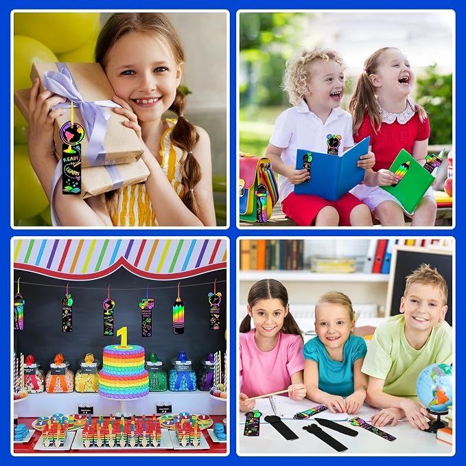 JUNEBRUSHS 30Pcs Welcome Back to School Scratch Bookmarks Rainbow Scratch | Back to School DIY Craft Kit, First Day of School Gifts for Students , Classroom Activity, Party Favors