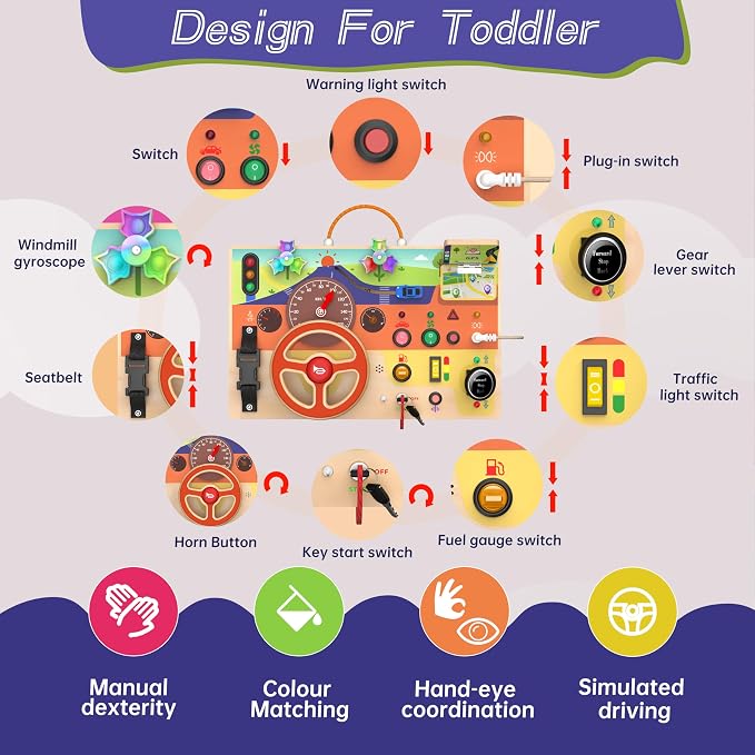 flycoost Busy Board Montessori Toys for Toddlers 1-3 with Steering Wheel | Wooden Lights Driving Activity Board Sensory Montessori Busy Board for 1+ Year Old, Toddler Learning & Travel Toy