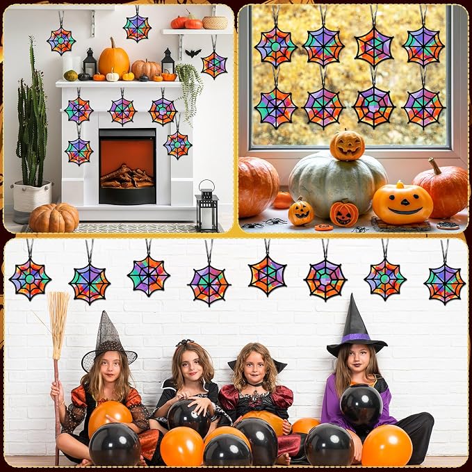 Qyeahkj 36 Set Halloween Spider Web Suncatchers Crafts DIY Hanging Spider Web Tissue Paper Crafts Kit Window Art Ornaments Decor for Halloween Activity Art Project Party Favor Gift