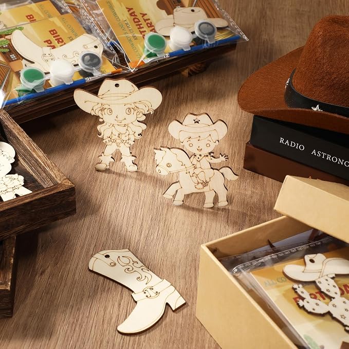 Saypacck 24 Pcs Cowboy Party Favors Wooden Paint Craft Kits | Rodeo Birthday Supplies, Cowgirl Theme Crafts, Western Party Activity, Thank You Gifts, Organza Bags for Goodie Fillers