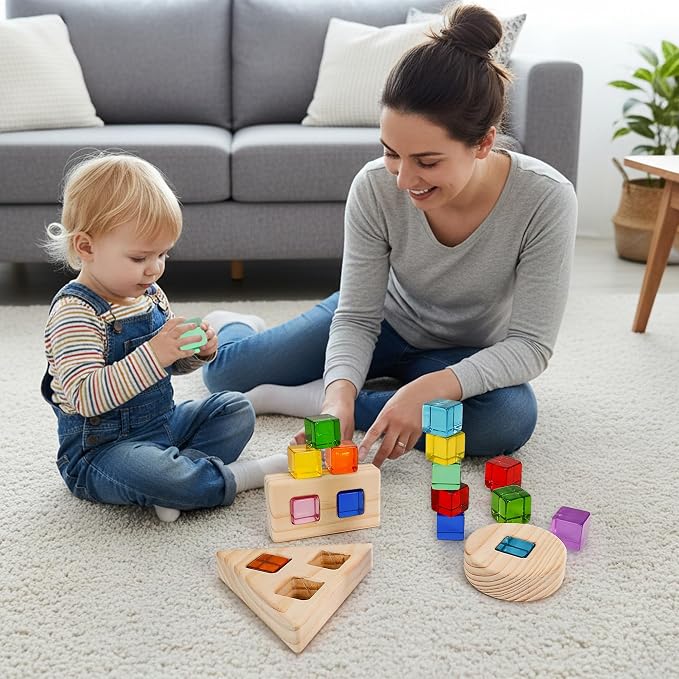 Woodtoe Large Rainbow Gem Blocks, 16 PCS Stacking Blocks for Toddlers 1-3 | Includes 3 Wooden Shapes, Montessori Sensory Toy, Creative Acrylic Blocks, No Choking Hazard, Birthday Gift for 1 2 3 Years