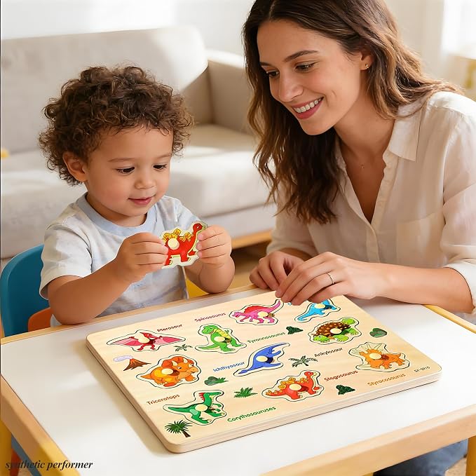 6-Pack Wooden Peg Puzzles for Toddlers and Preschoolers Ages 2-4 | Montessori-Inspired Learning Toys, Alphabet, Numbers & Math, Animals, Dinosaurs, Fruits and Vehicles