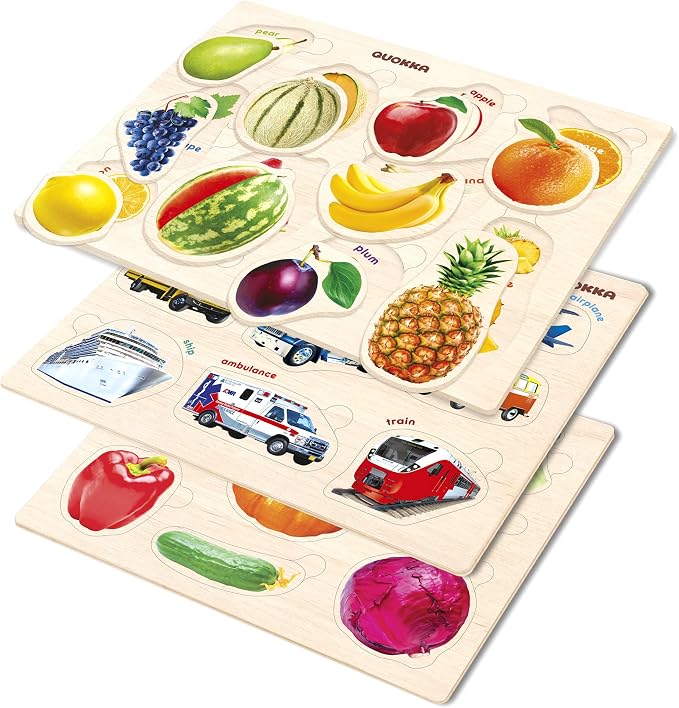 Wooden Puzzles for Toddlers 1-3 - 3 Montessori Kids Puzzles Ages 2-4 | Educational Realistic Wood Toddlers Puzzles ages 3-5 — Learning Fruits, Cars and Vegetables for Boy and Girl
