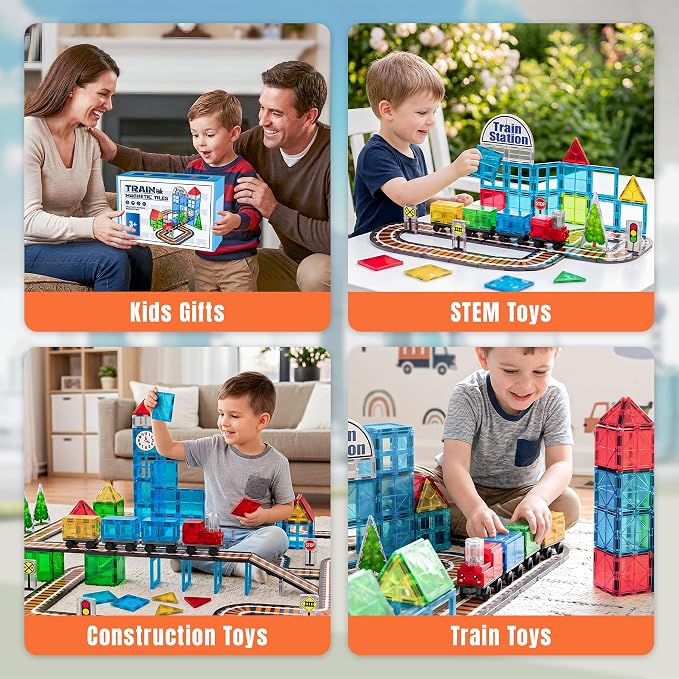 SKTMYY Train Toy Magnetic Tiles for Kids Ages 4-8 with Train Station Tracks | Magnet Building Blocks with Cars Signal Preschool Classroom STEM Montessori Toys Birthday Gifts for Boys Girls Toddler 3-5