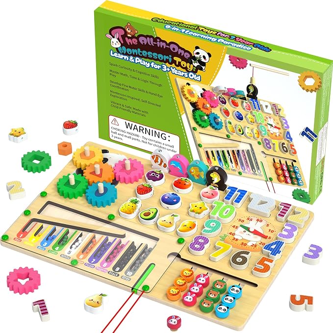 9-in-1 Montessori Busy Board Wooden Magnetic Maze Toy for 3+ Year Old Gift | Toddler Sensory Educational Activity Board Travel Toy with Felt Counting Blocks