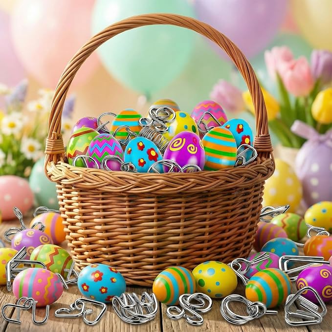 24 Pcs Prefilled Easter Eggs with Brain Teaser Puzzles Toys for Kids,Easter Basket Stuffers Filled with Metal Montessori Solving Bulk 3D Unlock Logic Gifts for Boys Girls,Party Favors