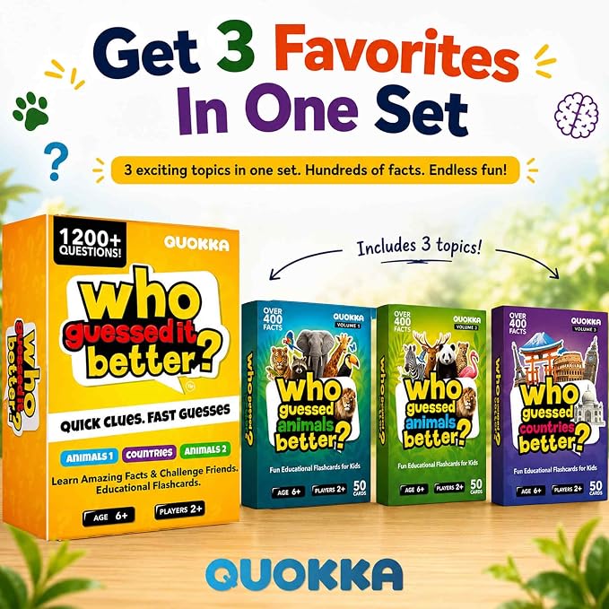 Quokka Who Guess It Better Game Set – Animals & Countries Educational Game with Visual Clues, 3 Card Sets Bundle, Screen-Free Travel Games for Kids Ages 6+