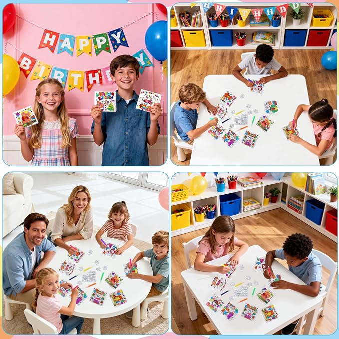 24 Sets Happy Birthday Crafts Puzzle for Kids Kit, Classroom Birthday Party Activities with Cake Hat Gift, DIY Art Color Your Own Blank jigsaw for Fall Christmas Party Favors Coloring Game Supplies